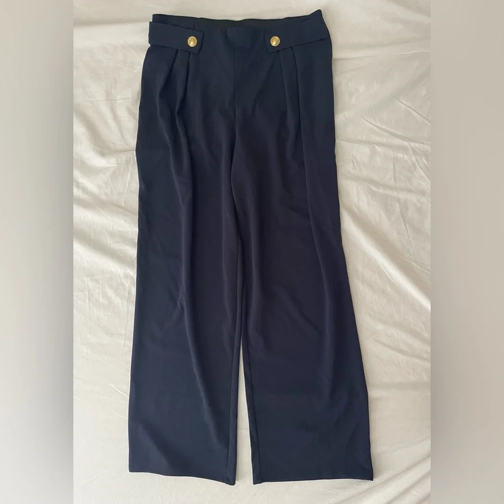 H&M Navy Wide-Leg High-Waist Trousers with Gold Buttons size medium - Picture 1 of 7
